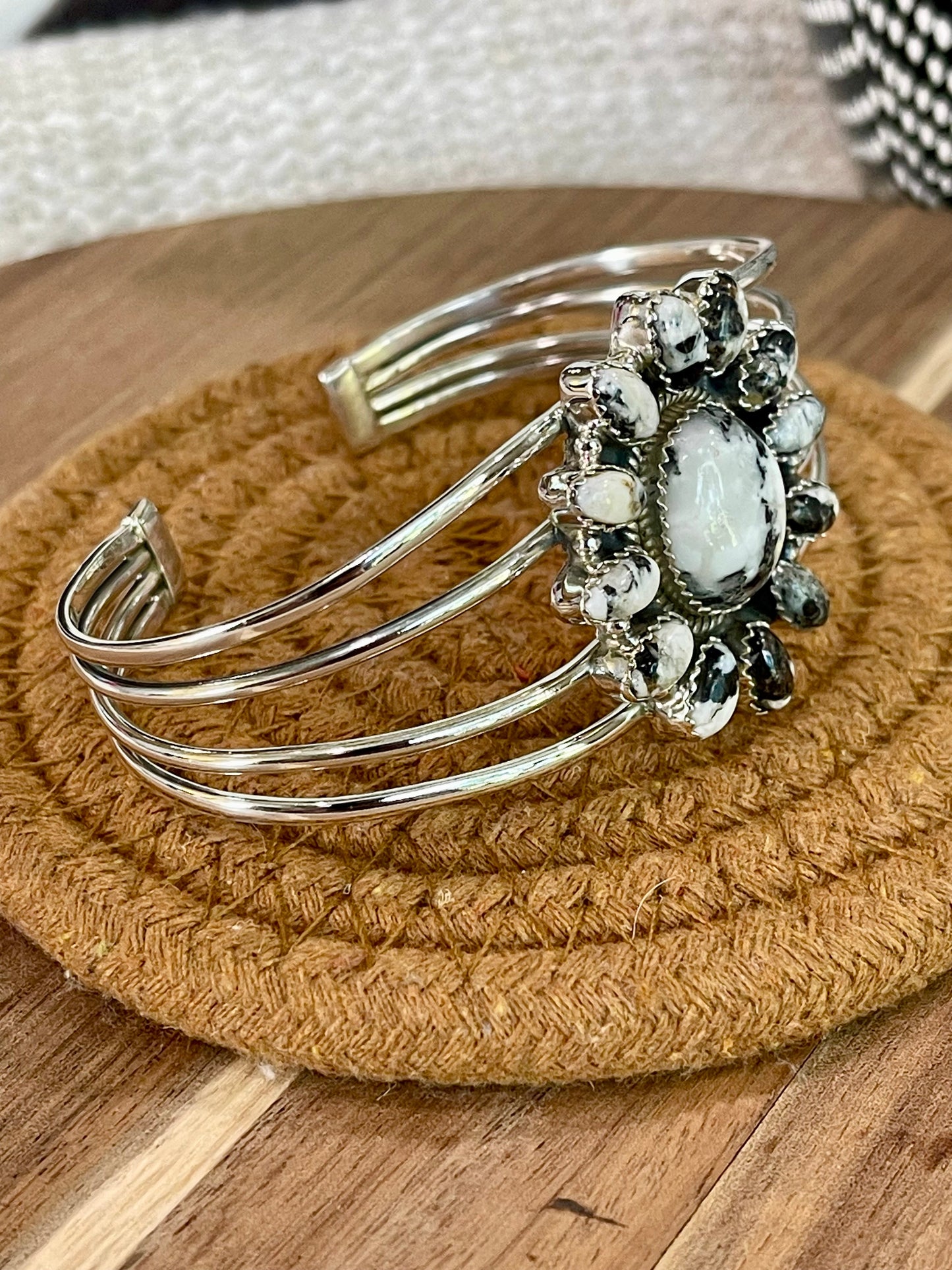 Beautiful Handmade Sterling Silver & White Buffalo Cluster Cuff Bracelet