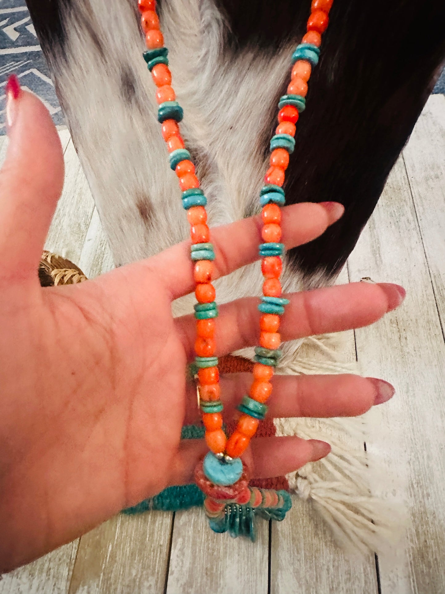 Handcrafted Spiny Oyster,  Turquoise & Sterling Silver Beaded Jacla Necklace