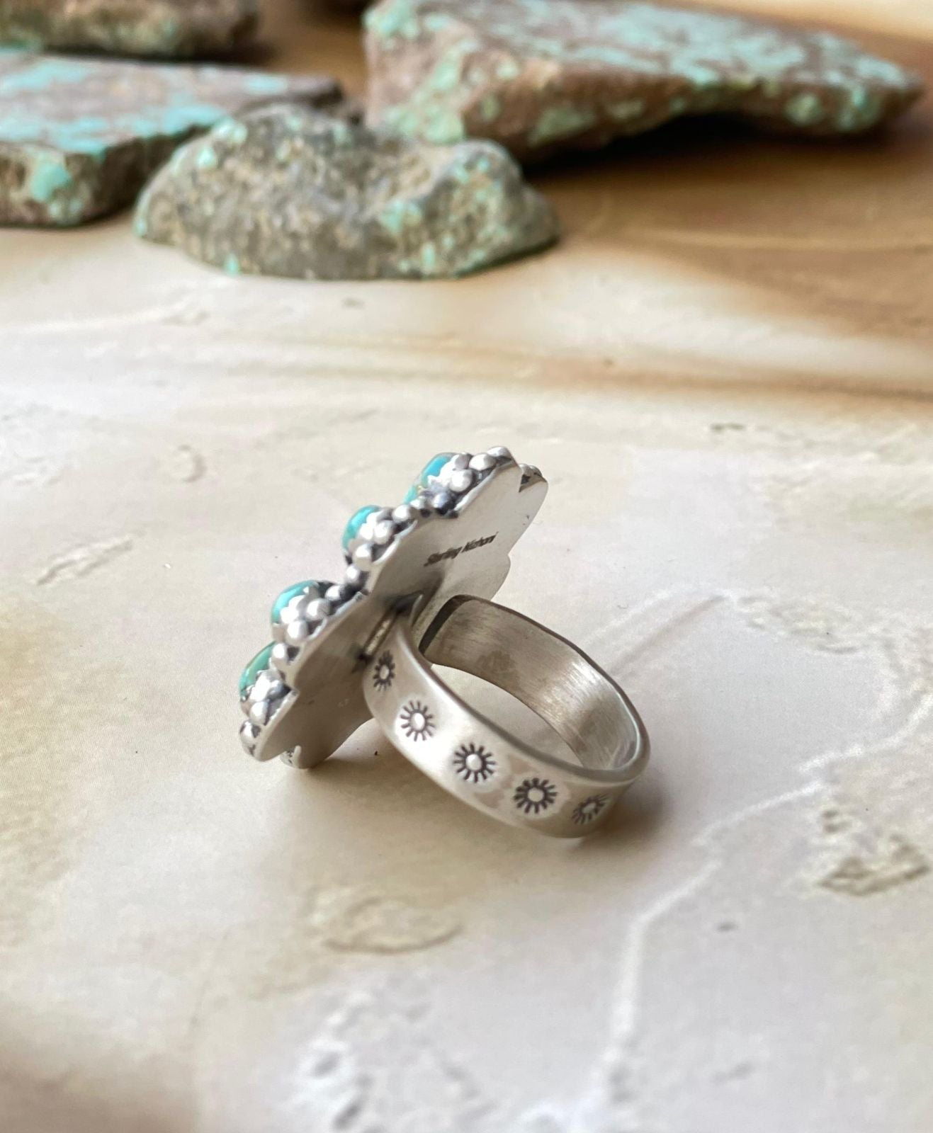 Handmade Turquoise & Sterling Adjustable Flower Ring