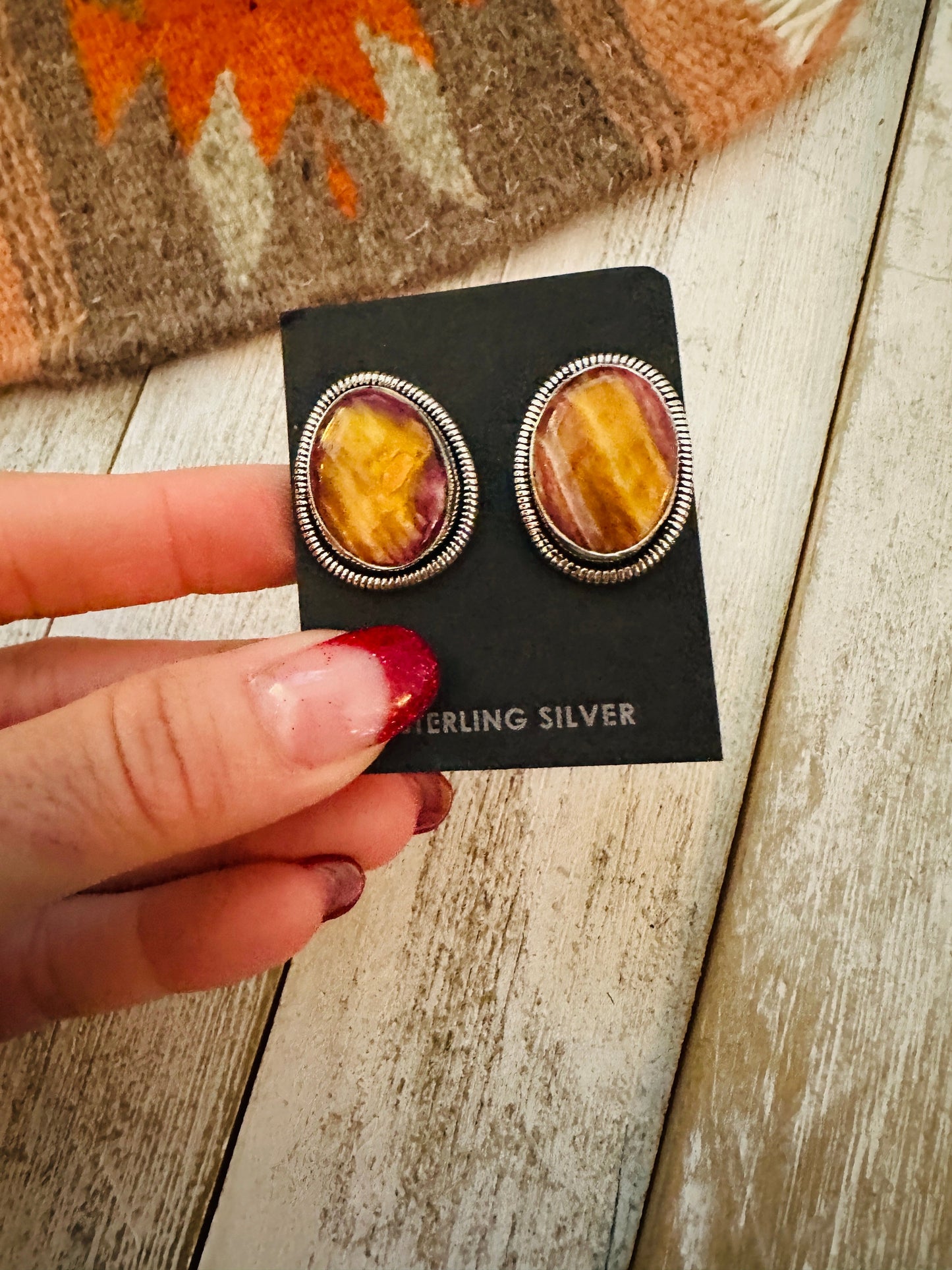 Navajo Spiny and Sterling Silver Post Earrings by Wydell Billie