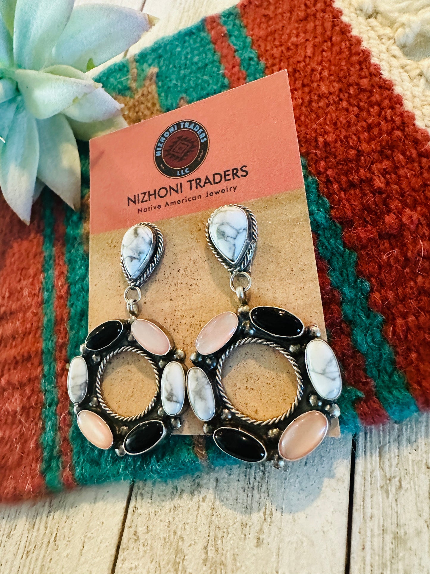 Handcrafted White Buffalo, Onyx, Mother of Pearl and Sterling Silver Dangle Earrings