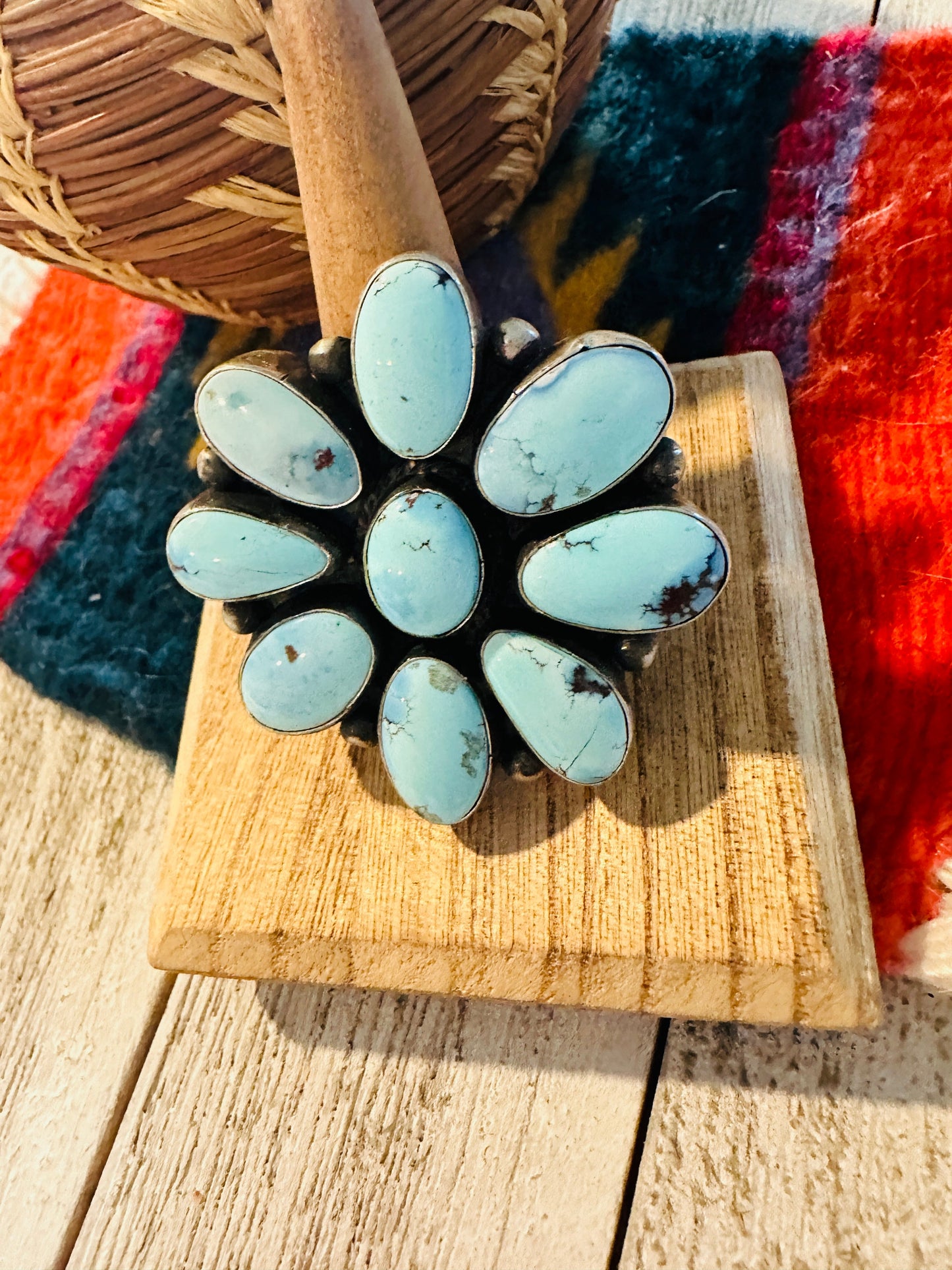 Handcrafted Golden Hills Turquoise & Sterling Silver Cluster Ring by Bobby Johnson, Size 8.75