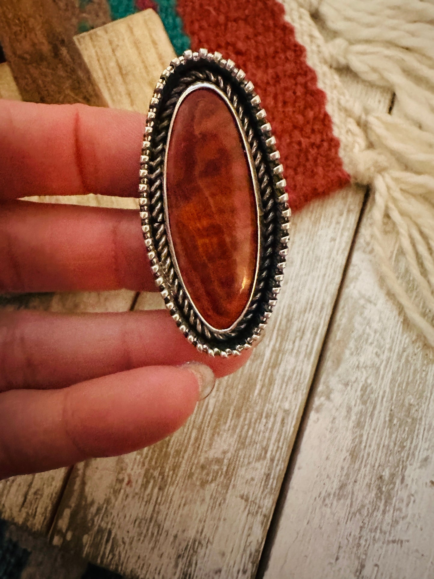 Navajo Sterling Silver & Red Spiny Oyster Adjustable Ring