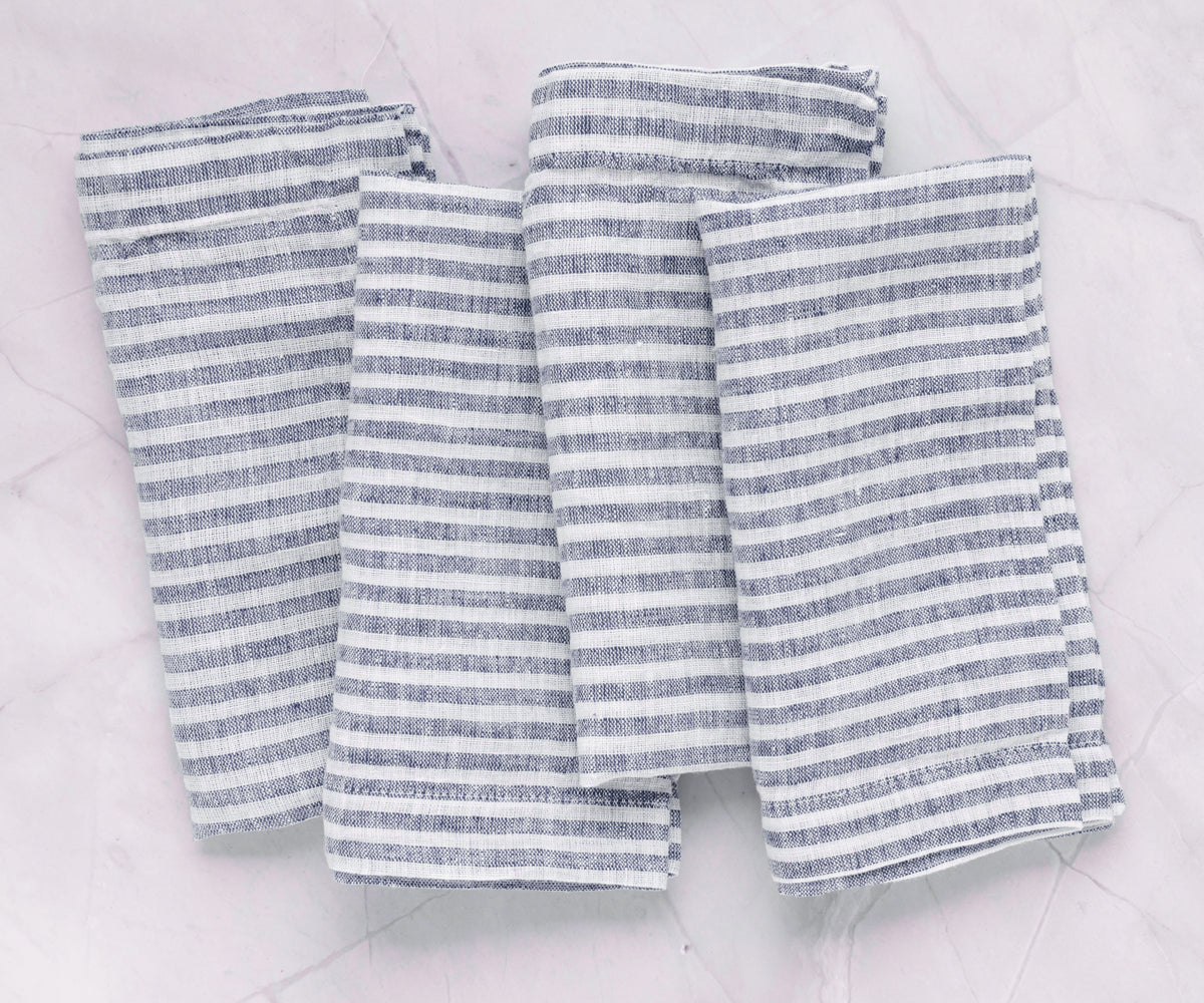 Navy Blue Pinstripe Linen Napkins - Set of 4, 8 & More
