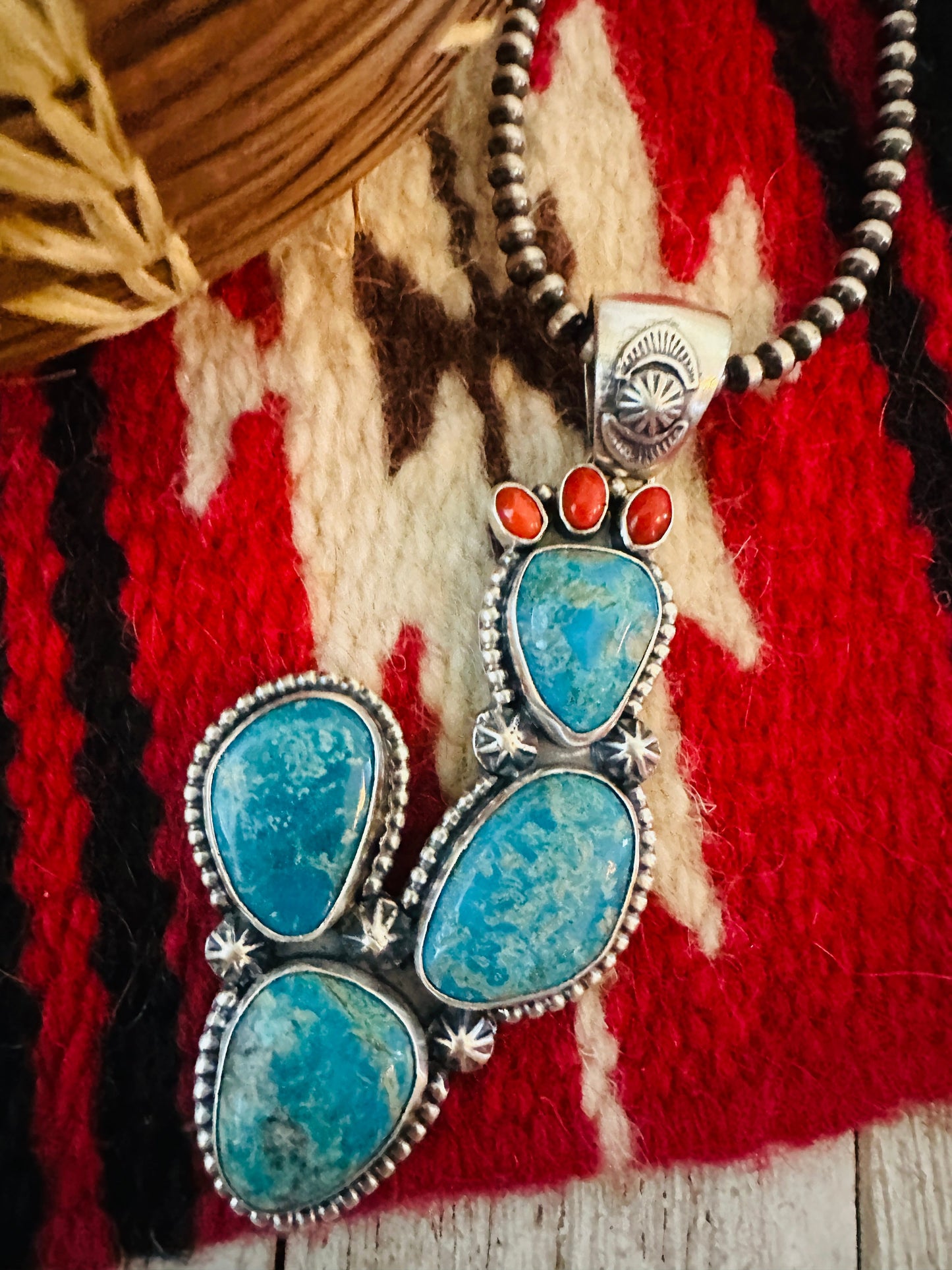 Handcrafted Sterling Silver, Turquoise & Coral Cactus Pendant