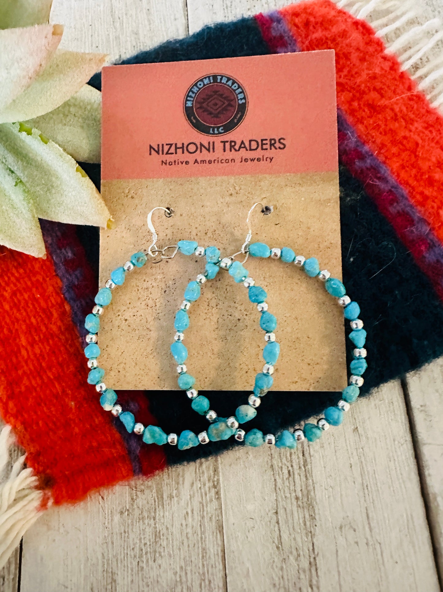 Navajo Turquoise & Sterling Silver Beaded Hoop Dangle Earrings