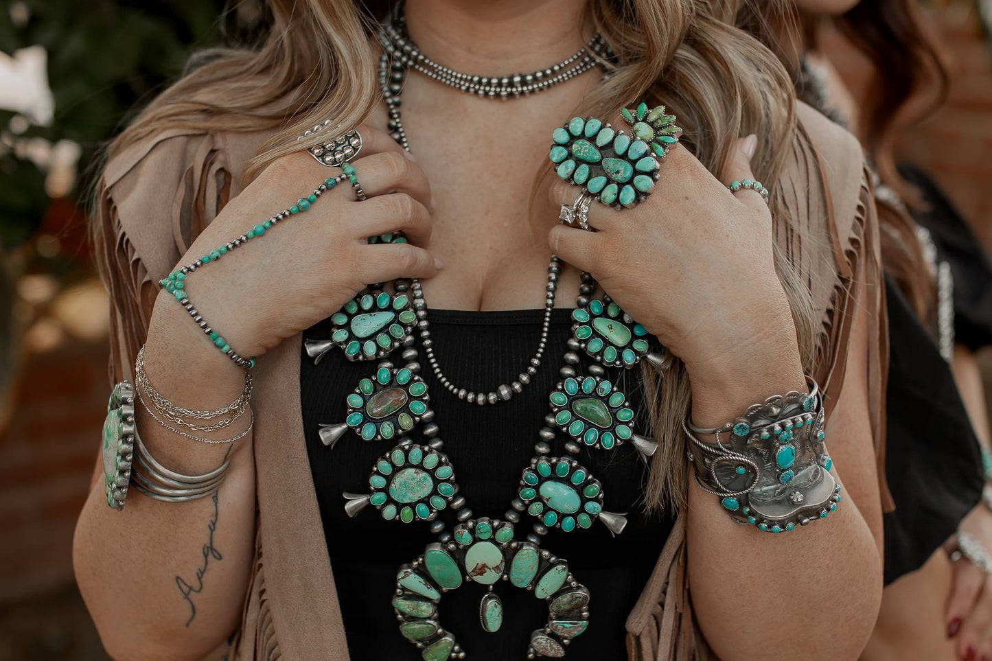 Handcrafted Sheila Becenti Carico Lake, Royston Turquoise & Sterling Squash Blossom Set