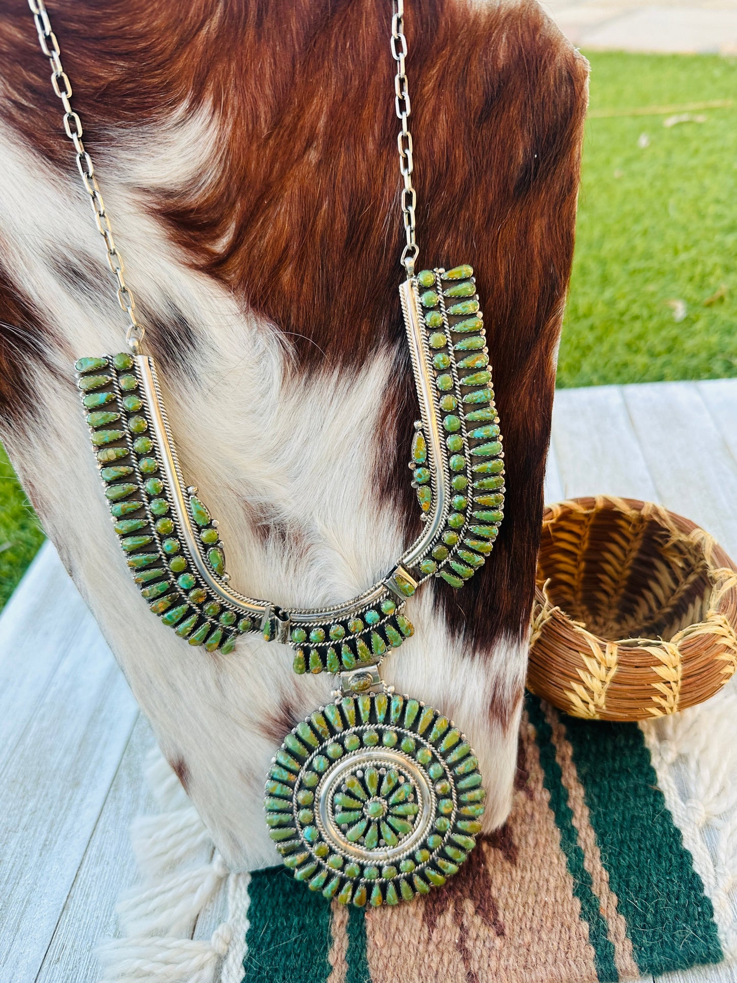 Old Pawn Handcrafted Sterling Silver and Turquoise Cluster Necklace