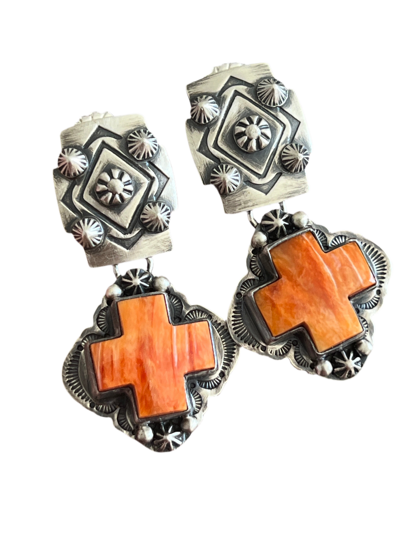 Handcrafted Sterling Silver and Orange Spiny Oyster Shell Santa Fe Cross Earrings by Murphy Platero