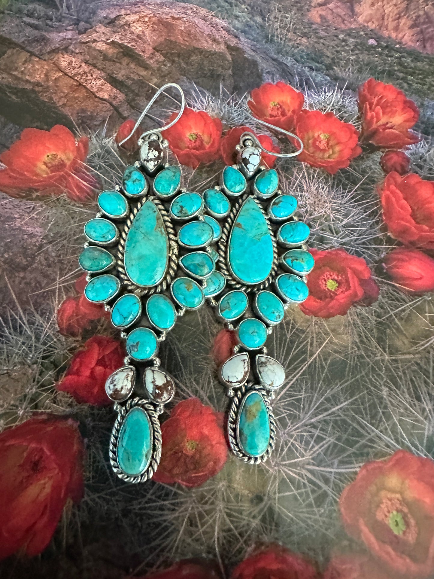 Handmade Turquoise, Wild Horse And Sterling Silver Cluster Dangle Earrings