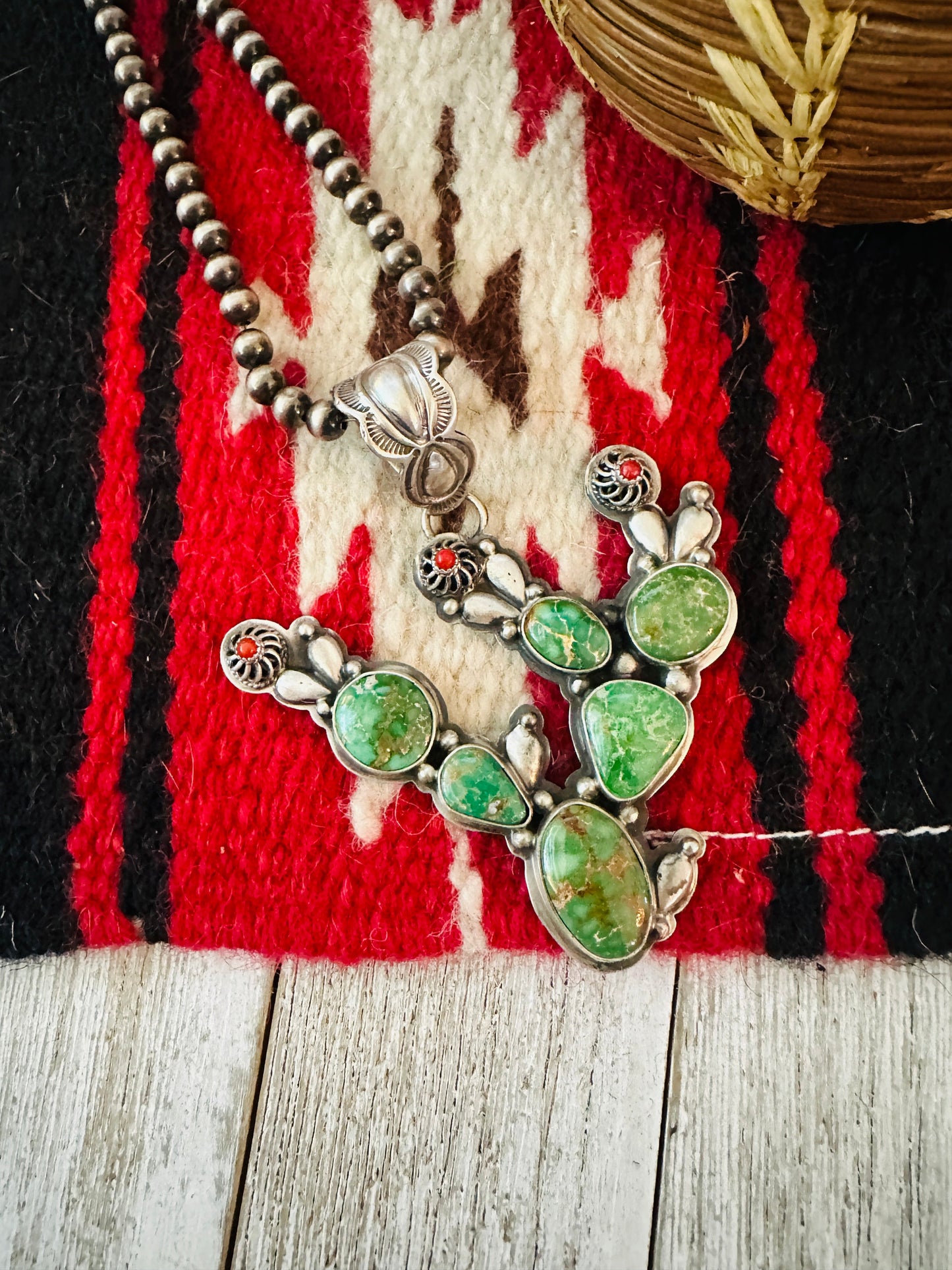 Handcrafted Turquoise, Coral and Sterling Silver Cactus Pendant by Charles Johnson