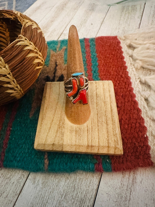 Zuni Coral, Turquoise & Sterling Silver Ring Size 6