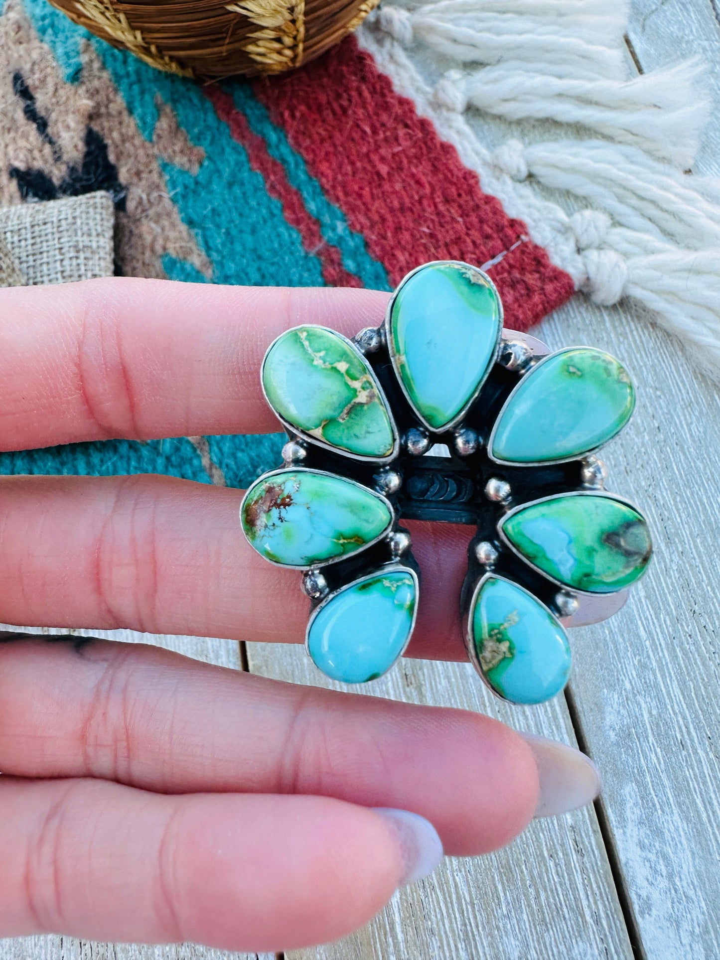 Hand Crafted Sonoran Mountain Turquoise & Sterling Silver Adjustable Naja Ring by Russell Sam