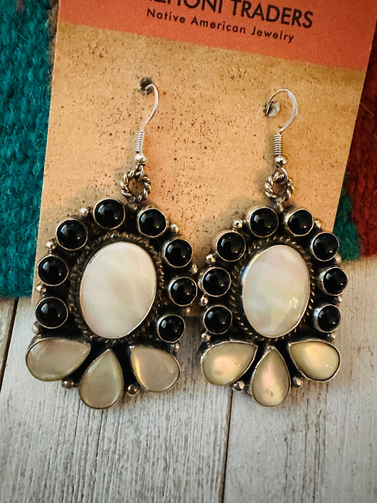 Handcrafted Mother of Pearl, Onyx & Sterling Silver Dangle Earrings