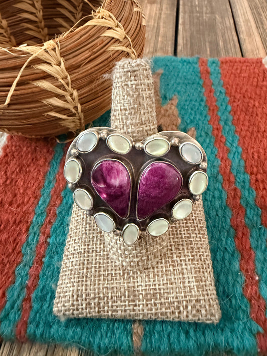 Handcrafted Spiny Oyster, Mother of Pearl & Sterling Silver Adjustable Heart Ring by Jacqueline Silver