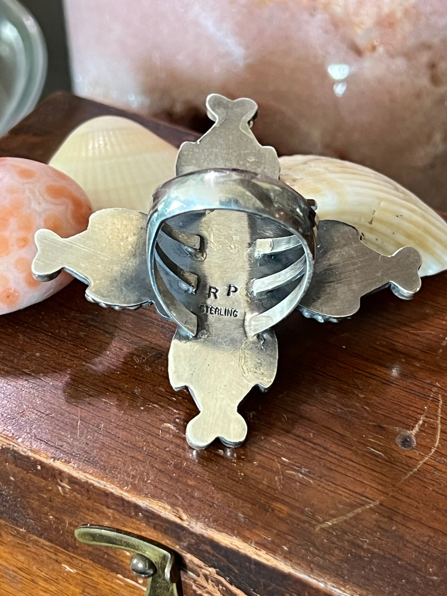 Apache Sterling Silver and Orange Spiny Oyster Shell 4 Direction Ring by Rosella Paxson, Size 10
