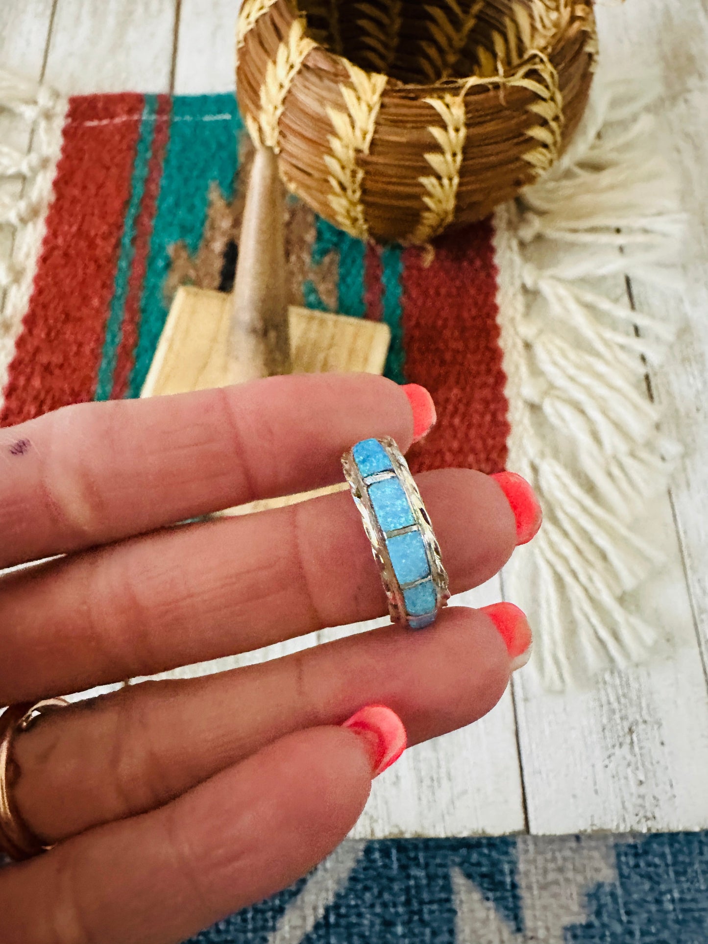 Handcrafted Sterling Silver & Blue Opal Inlay Band Ring Size 7.5