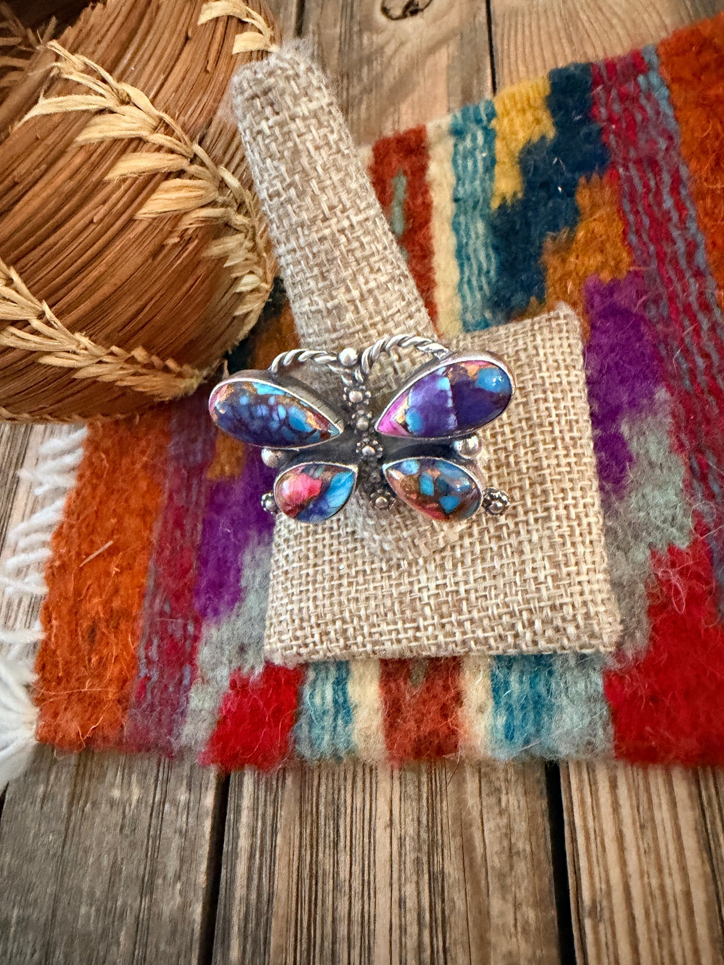 Handcrafted Pink Dream Mojave & Sterling Silver Adjustable Butterfly Ring