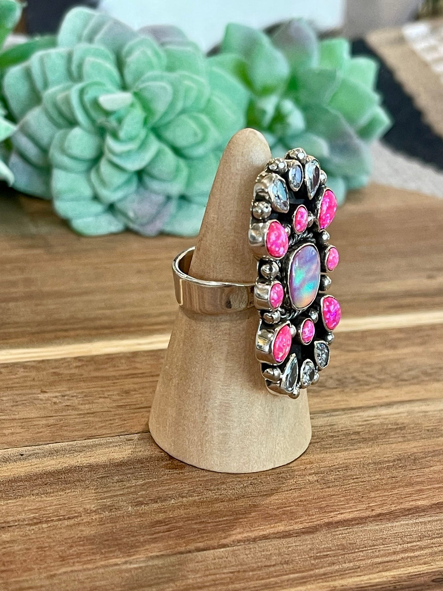 Handmade Pink Fire Opal, Opal, Cubic Zirconia And Sterling Silver Adjustable Ring Signed Nizhoni