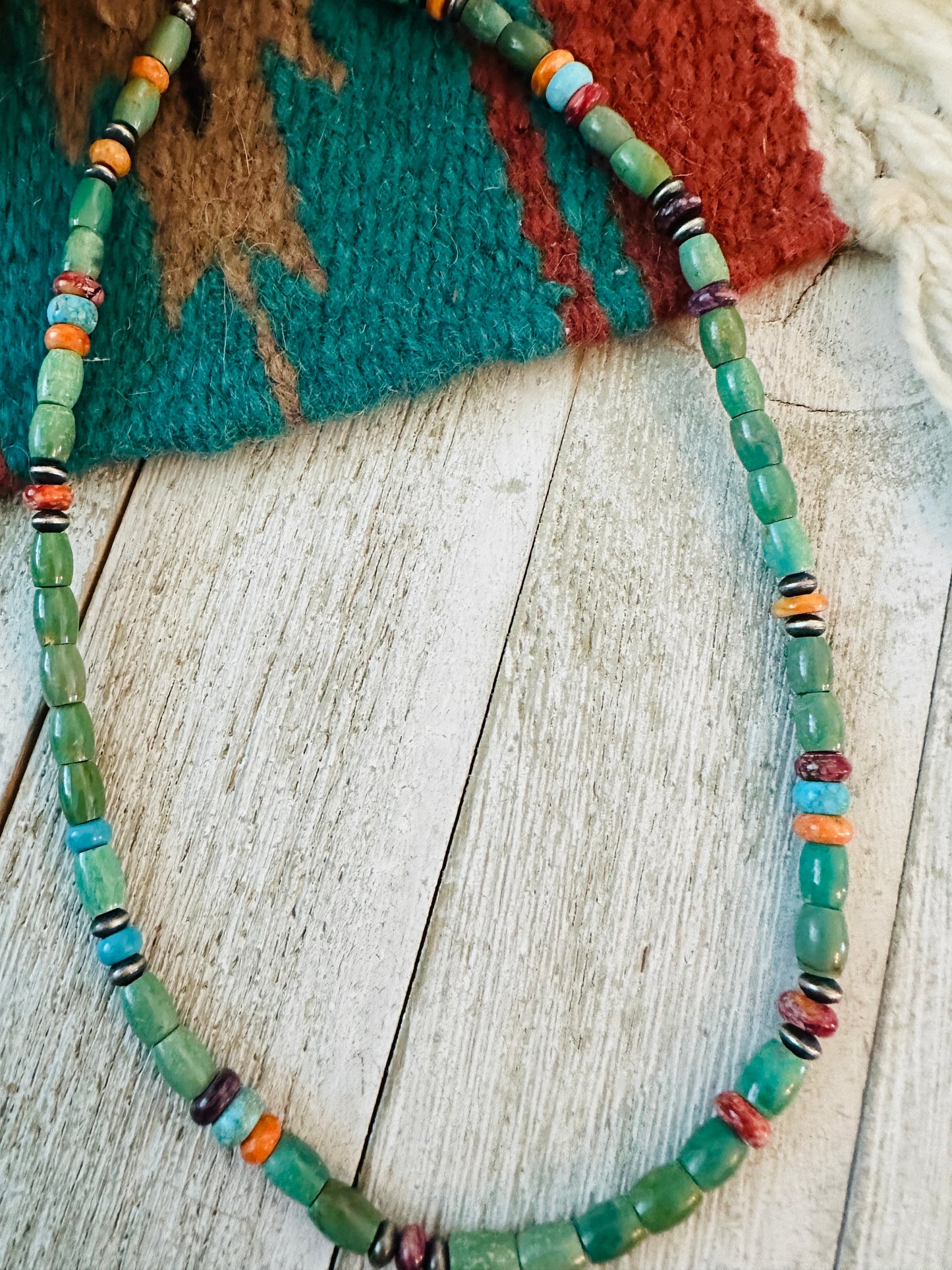 Handcrafted Turquoise, Spiny & Sterling Silver 16” Beaded Necklace