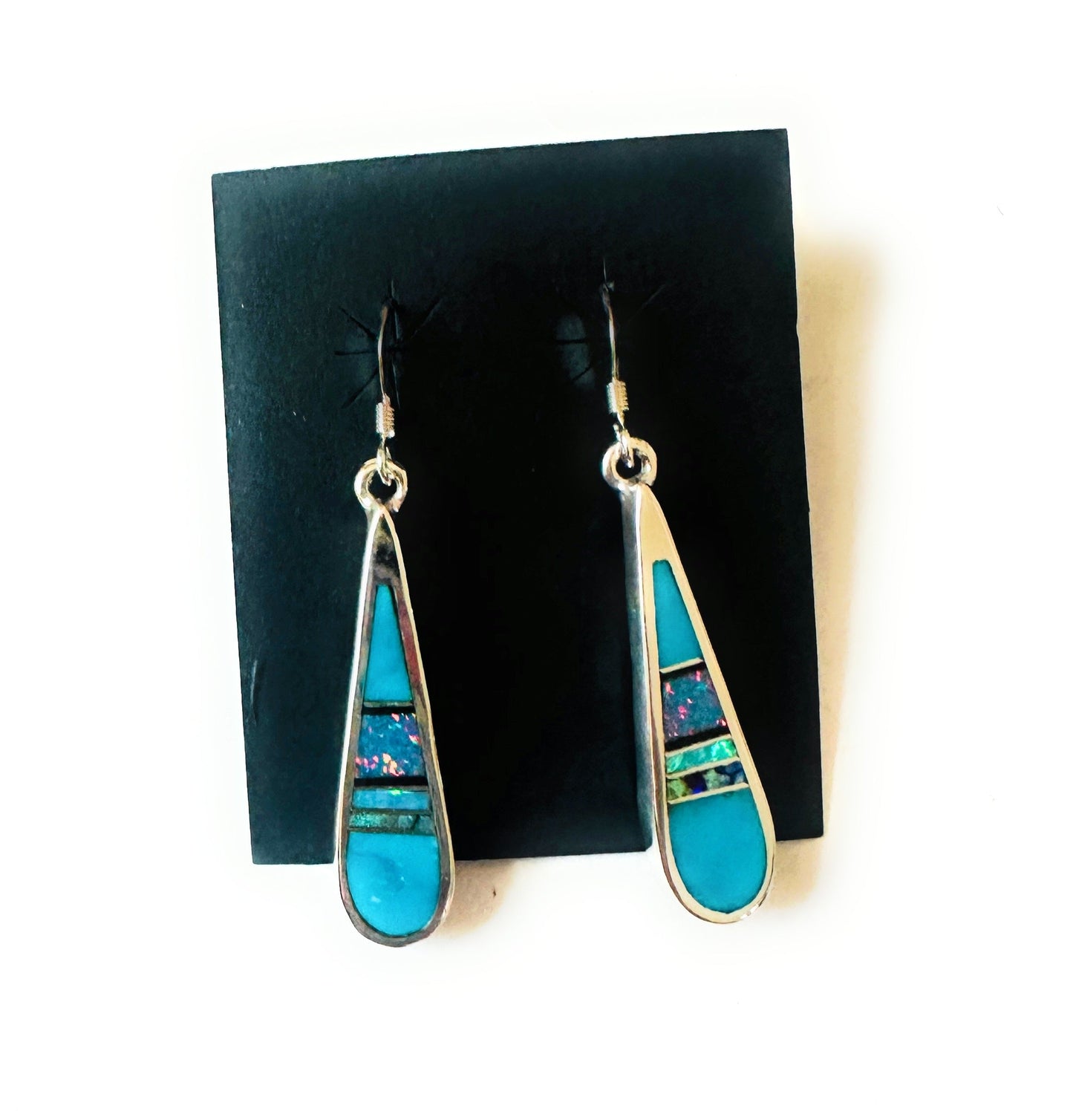 Handcrafted Sterling Silver & Multi Stone Inlay Dangle Earrings