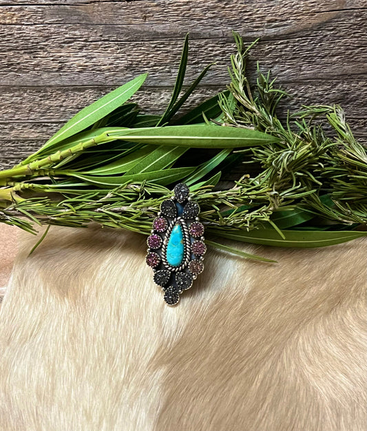 Handmade Sterling Silver Turquoise  with Purple & Black Druzy Adjustable Statement Ring