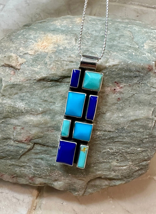 Turquoise & Lapis Slim Mosaic Pendant Necklace