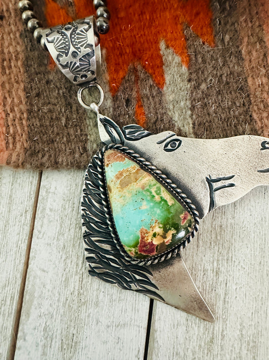 Handcrafted Turquoise & Sterling Silver Horse Pendant by Kevin Billah