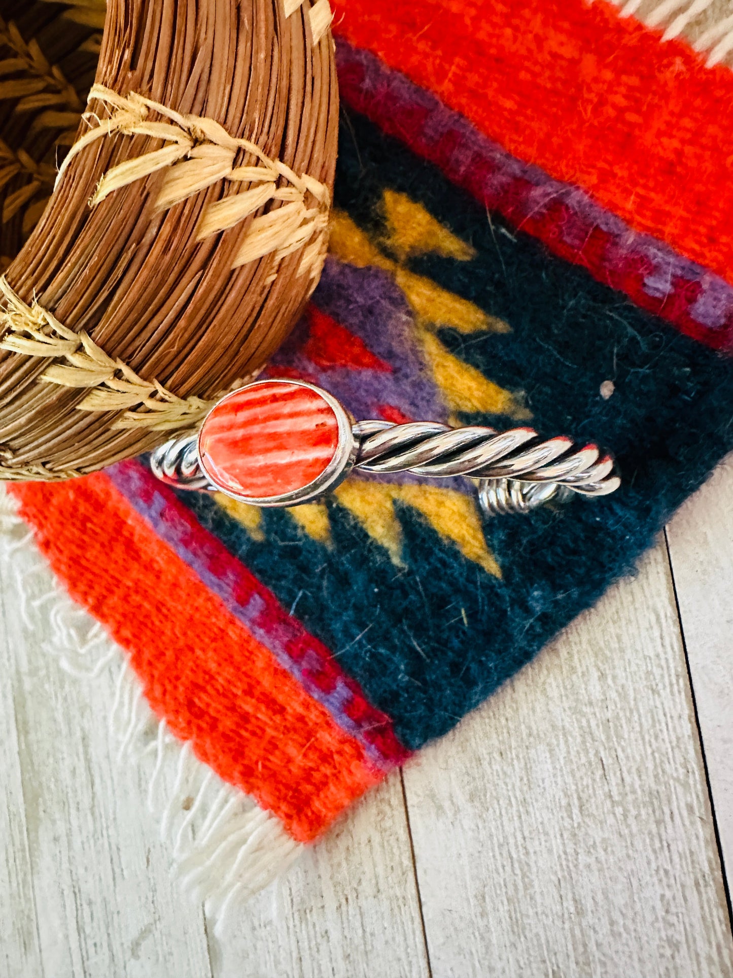 Handcrafted Twisted Sterling Silver & Orange Spiny Cuff Bracelet
