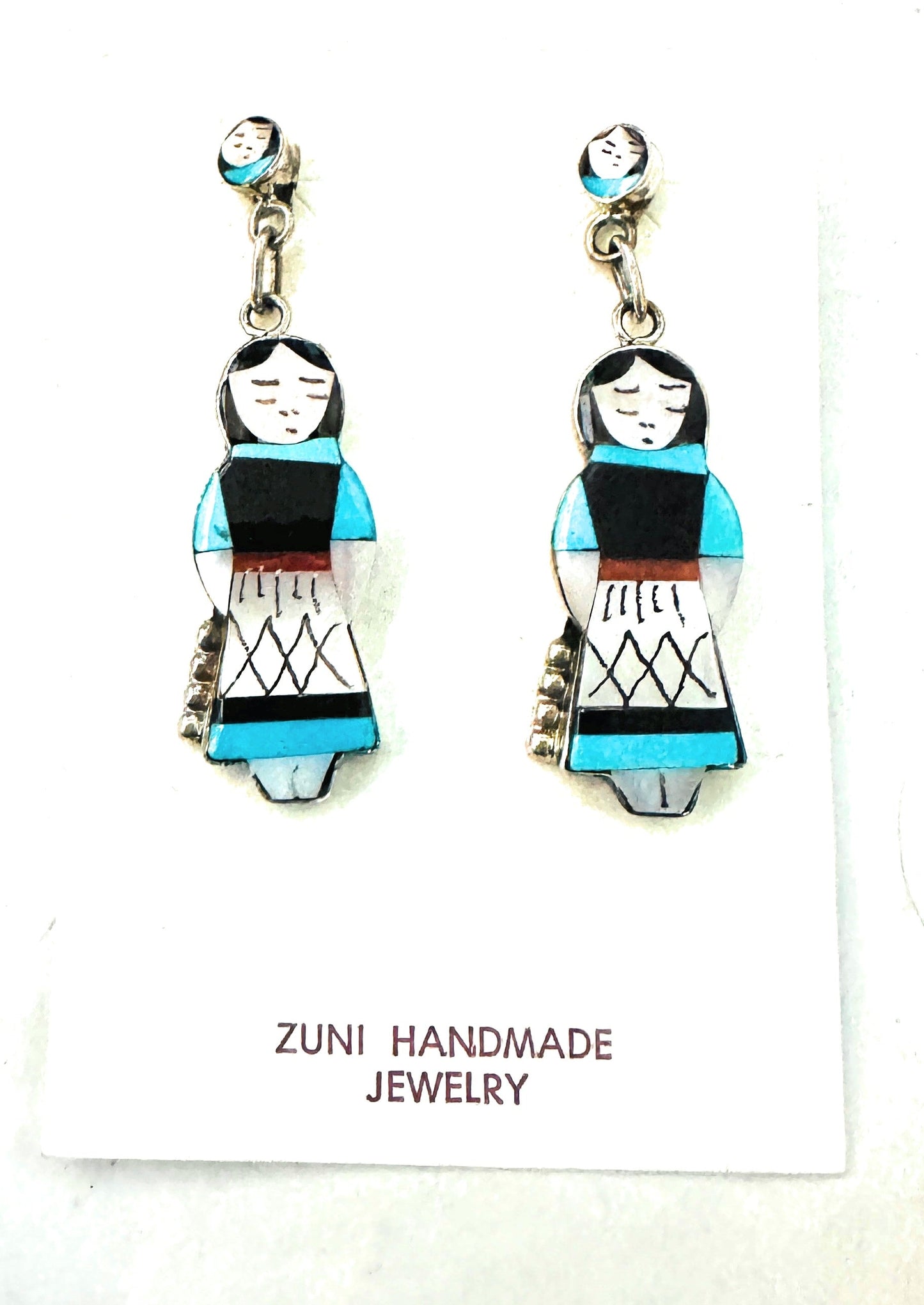 Handcrafted Multi Stone & Sterling Silver Inlay Maiden Girl Dangle Earrings