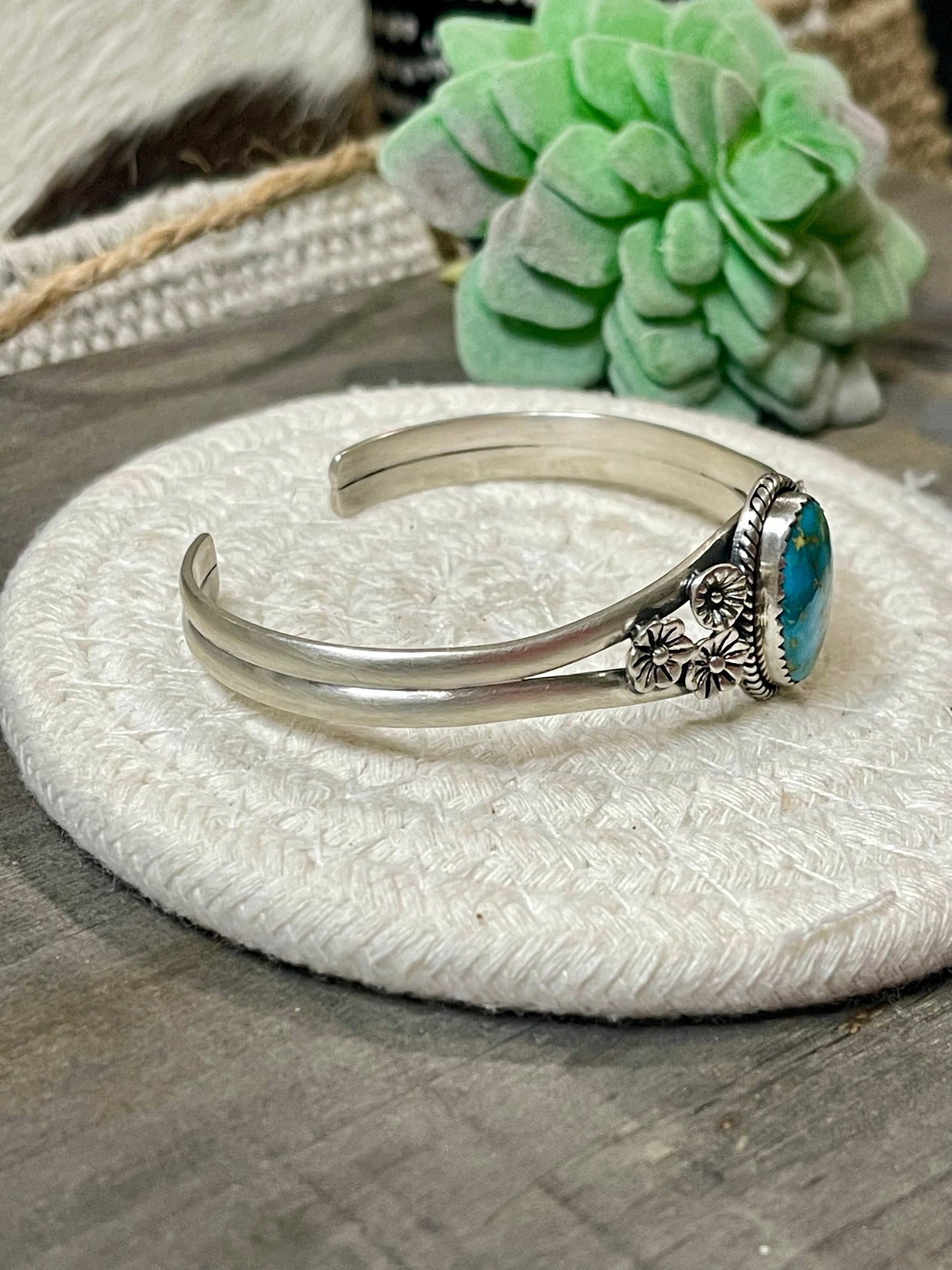 Handmade Sterling Silver Emerald Valley Turquoise Adjustable Stone Oval Stone Cuff
