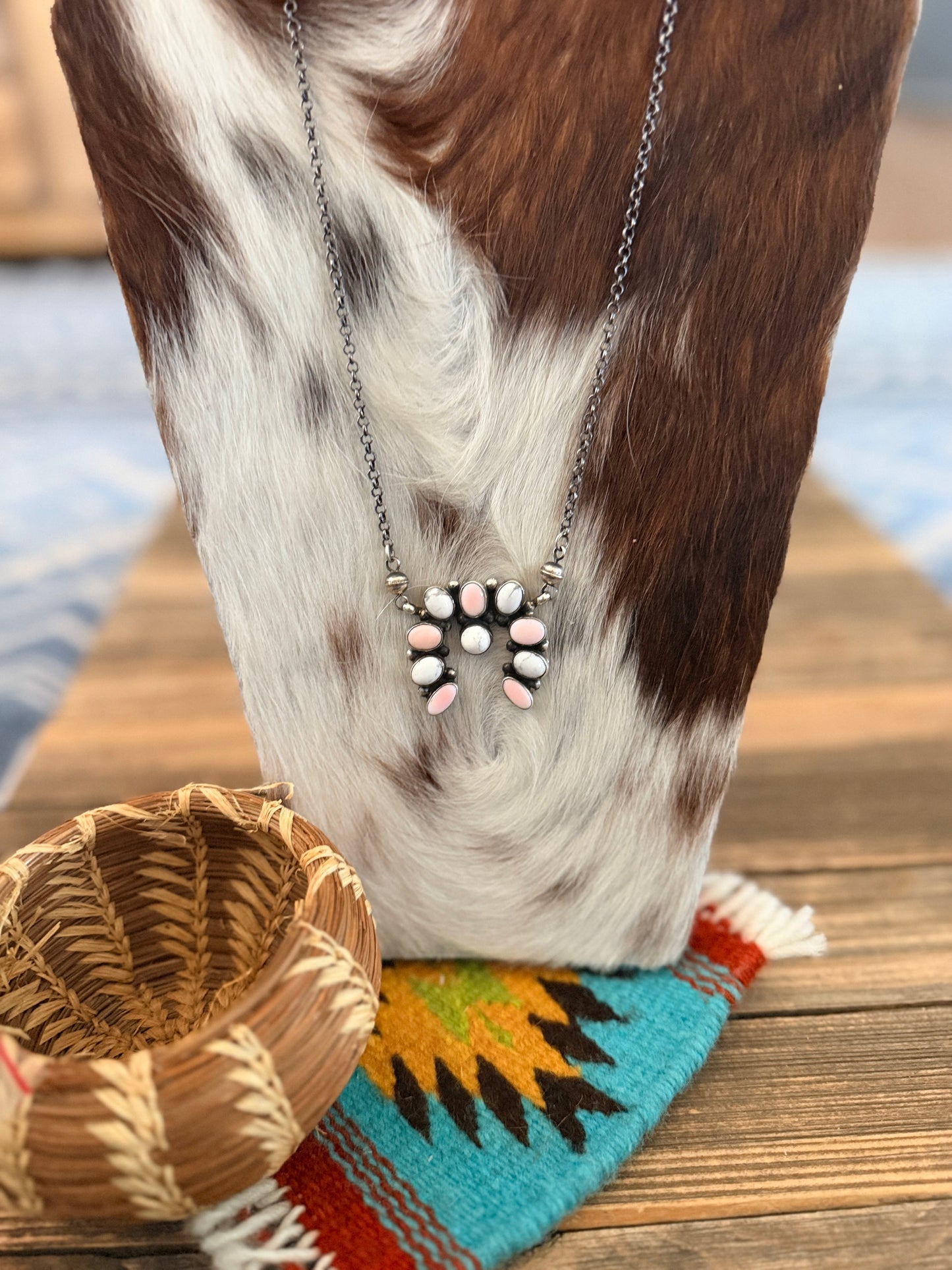 Handcrafted Queen Pink Conch, White Buffalo & Sterling Silver Naja Necklace by Jacqueline Silver