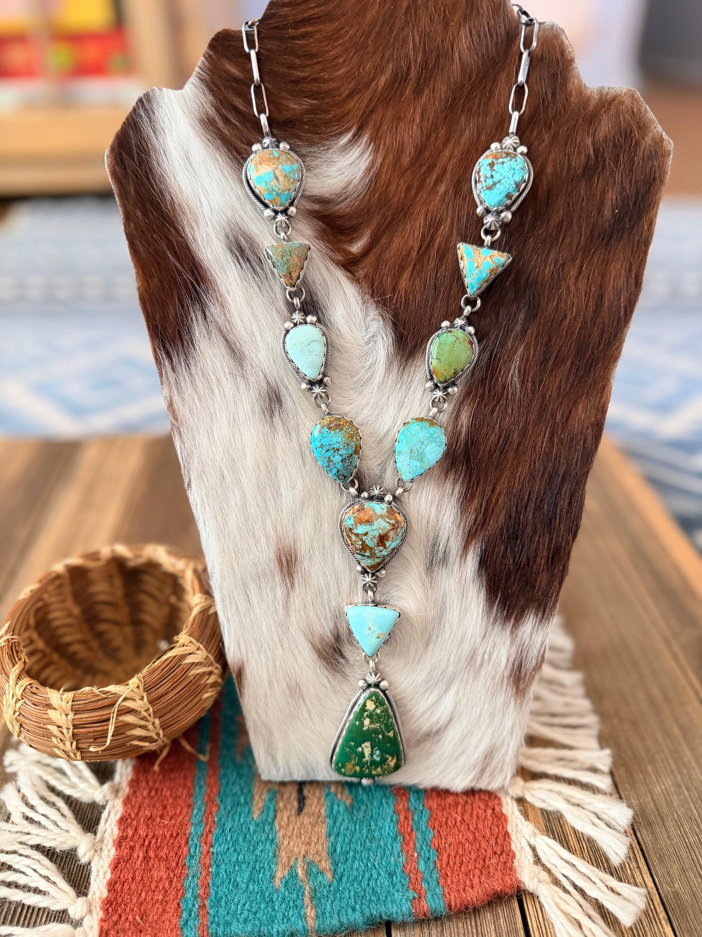 Handcrafted Multi Turquoise & Sterling Silver Lariat Necklace by Bobby Johnson