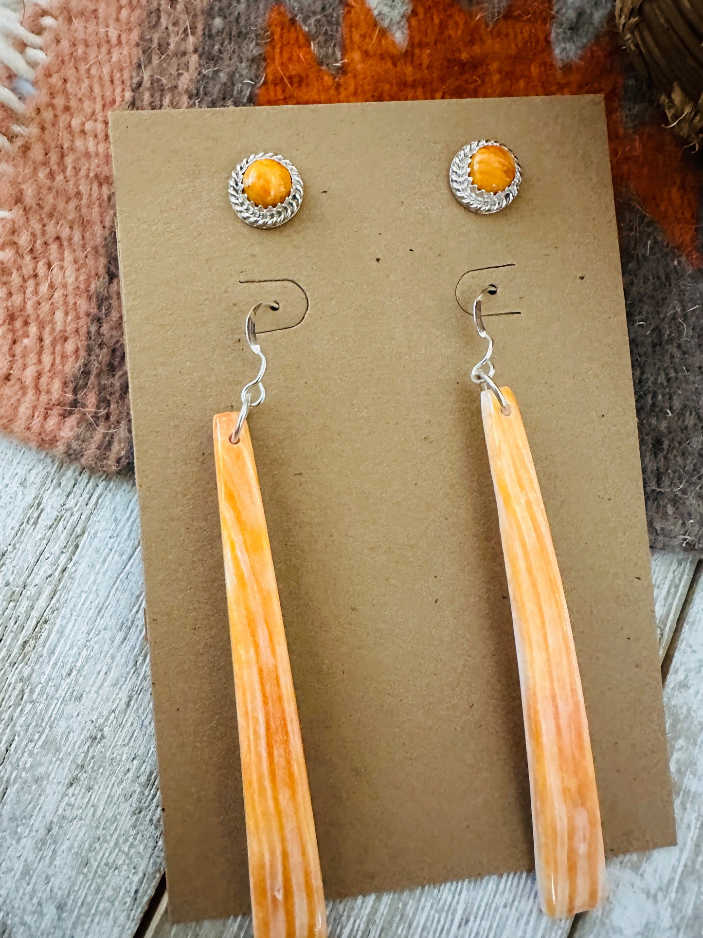 Handcrafted Orange Spiny Slab Dangle & Stud Earring Set