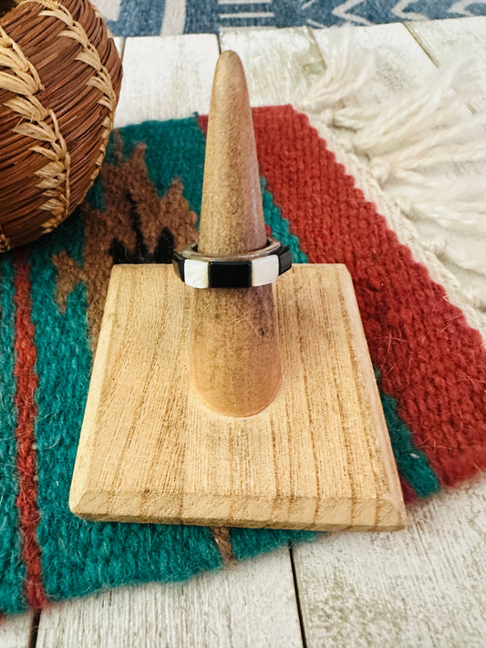 Handcrafted Sterling Silver, Onyx & Mother of Pearl Inlay Band Ring Size 5