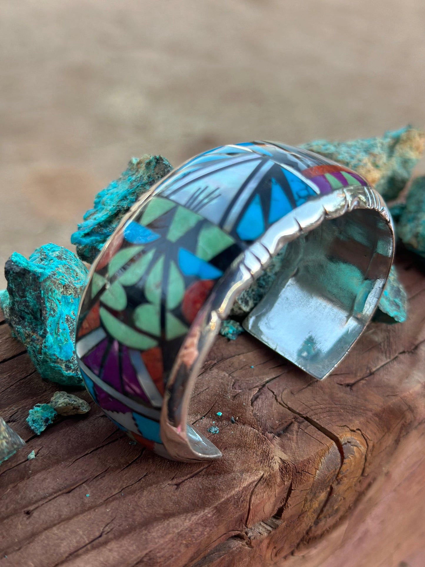 Handmade Sterling Silver Multi Stone Mosaic  Inlay Cuff