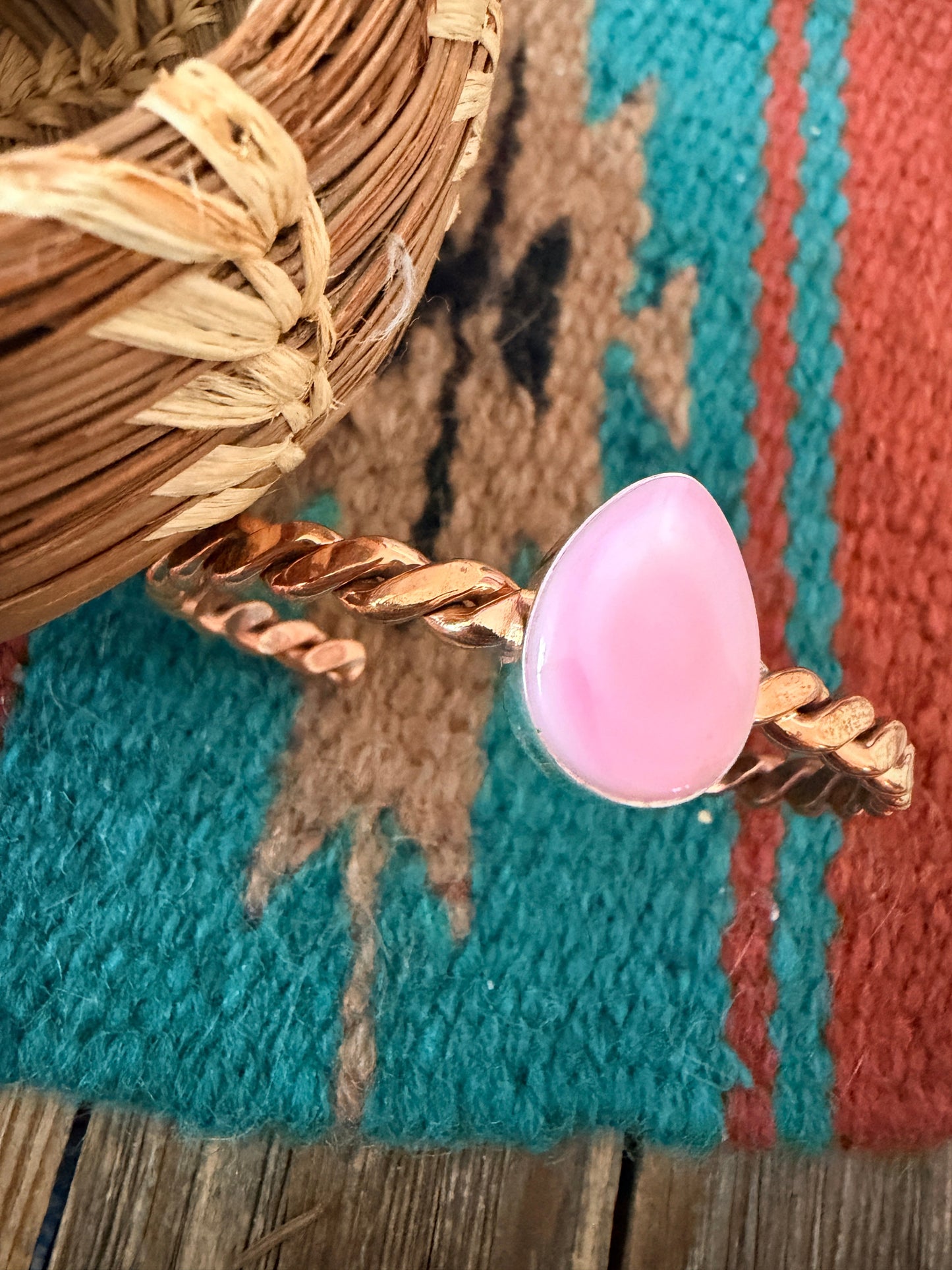 Handcrafted Queen Pink Conch & Copper Twisted Cuff Bracelet by Julia Etsitty