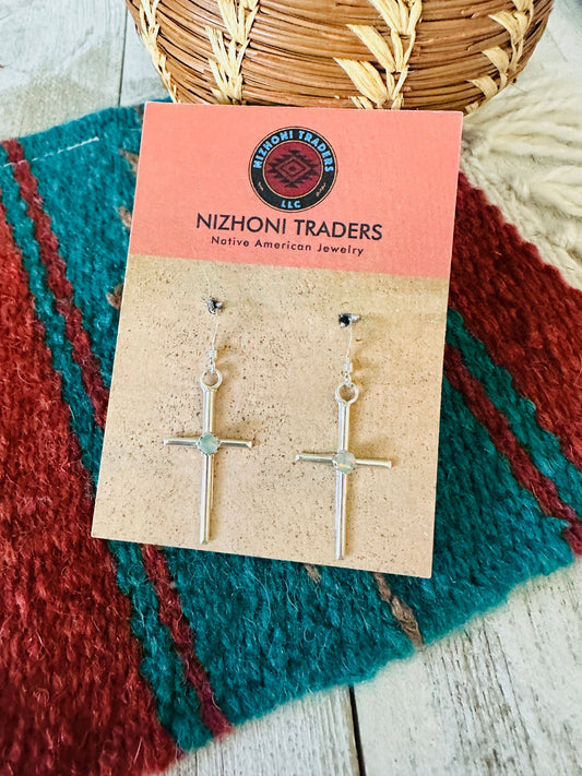 Handcrafted Sterling Silver & White Opal Cross Dangle Earrings