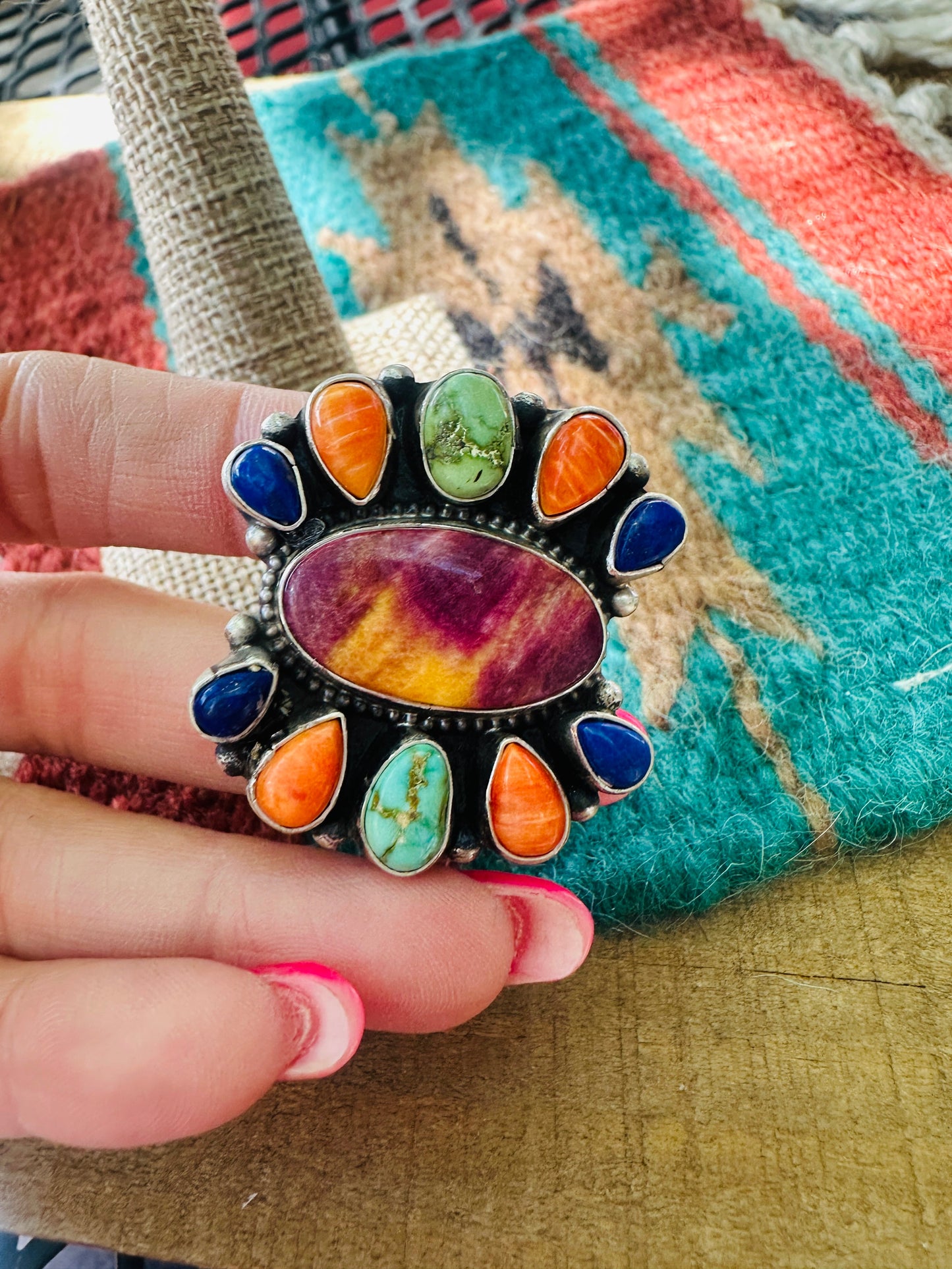 Handcrafted Sterling Silver & Multi Stone Cluster Adjustable Ring