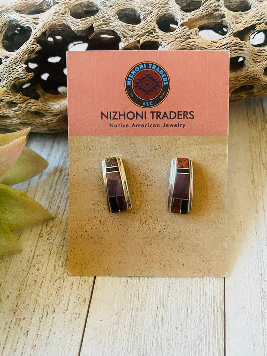 Handcrafted Multi Stone & Sterling Silver Inlay Dangle Earrings Signed