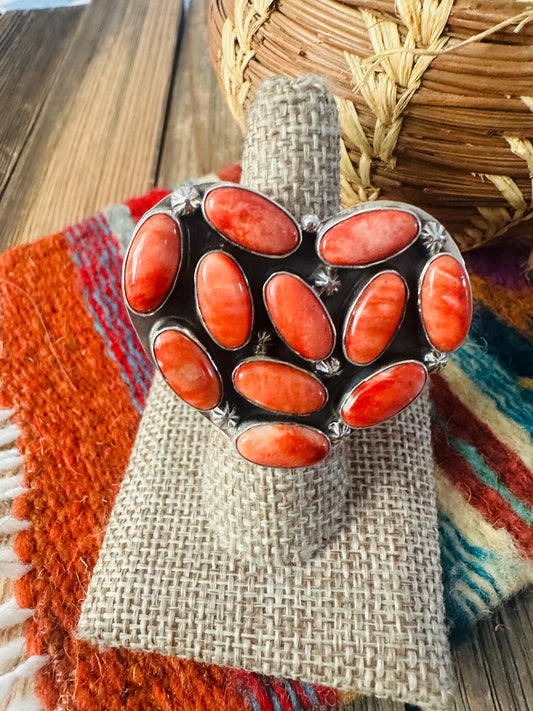 Handcrafted Spiny Oyster & Sterling Silver Adjustable Heart Ring by Jacqueline Silver