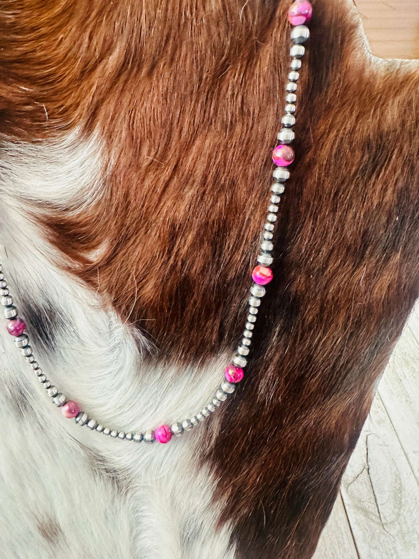 Handcrafted Sterling Silver & Pink Mojave 18” Beaded Necklace