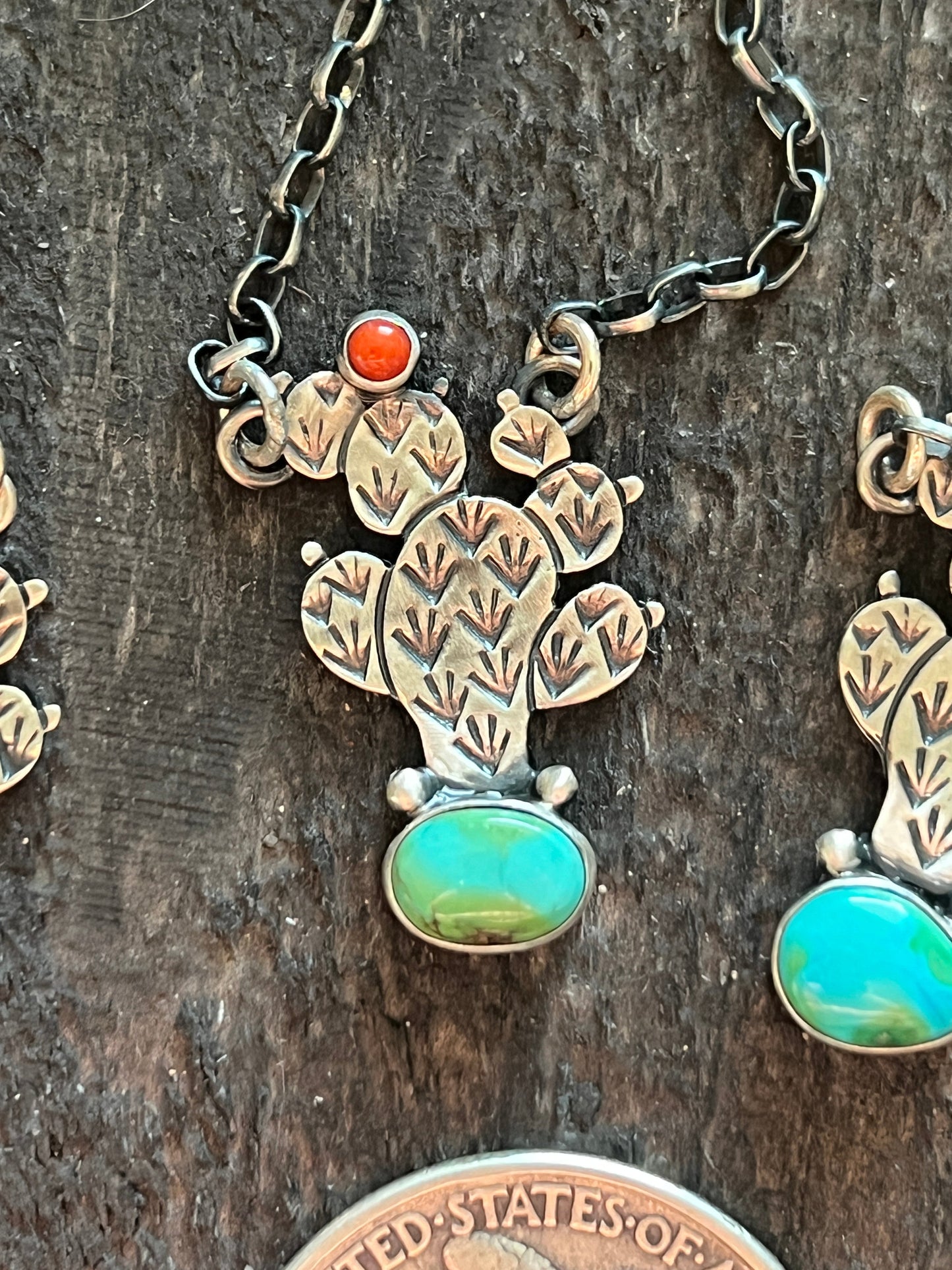 Handcrafted Petite Sterling Silver, Turquoise and Coral Cactus Link Chain Necklace, 16” + 1.5”