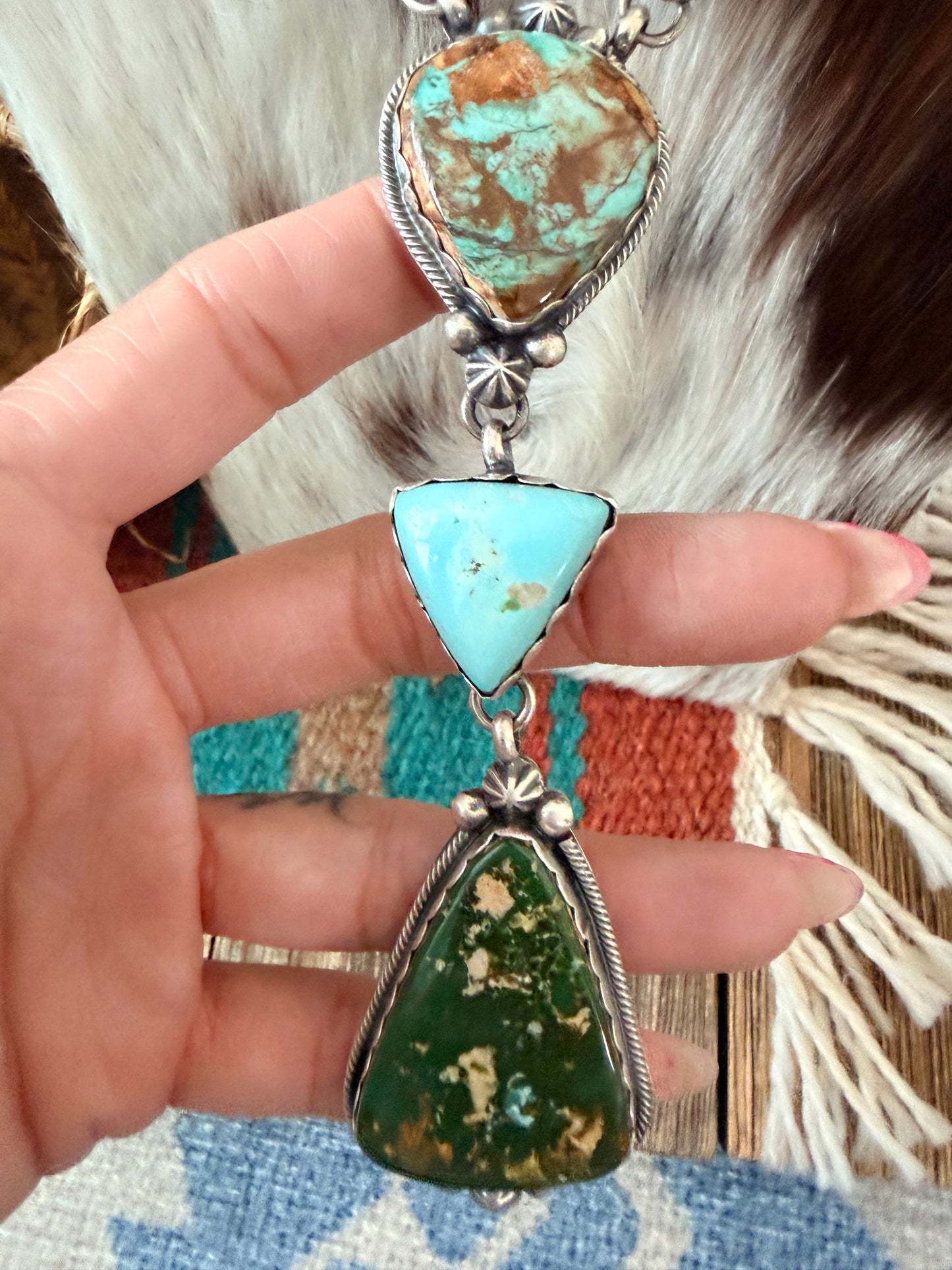 Handcrafted Multi Turquoise & Sterling Silver Lariat Necklace by Bobby Johnson