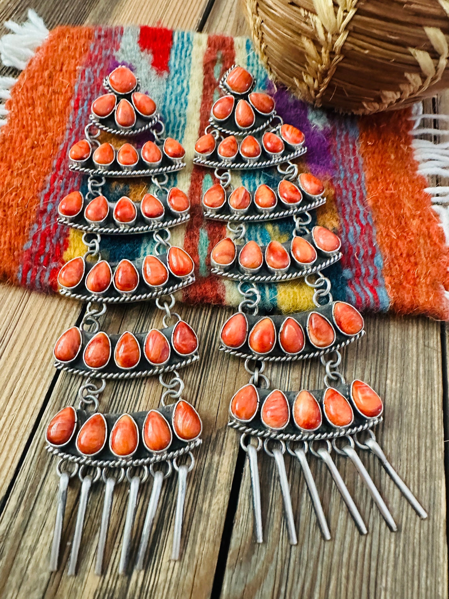 Handcrafted Orange Spiny Oyster & Sterling Silver Chandelier Dangle Earrings by Charles Johnson