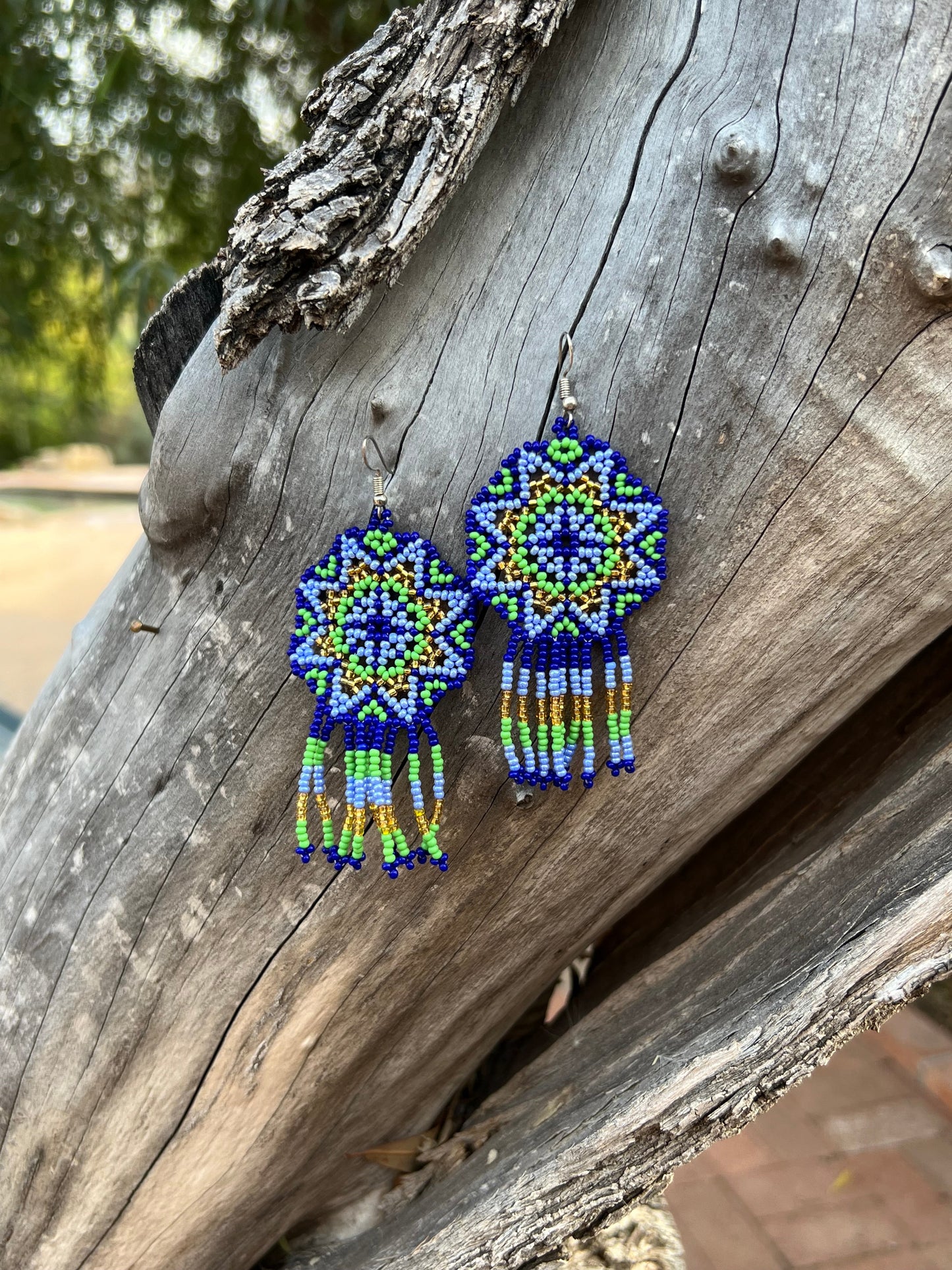 Handmade MultiColor Beaded Dangle Earrings (Blue, Green, & Gold)