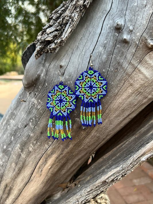 Handmade MultiColor Beaded Dangle Earrings (Blue, Green, & Gold)