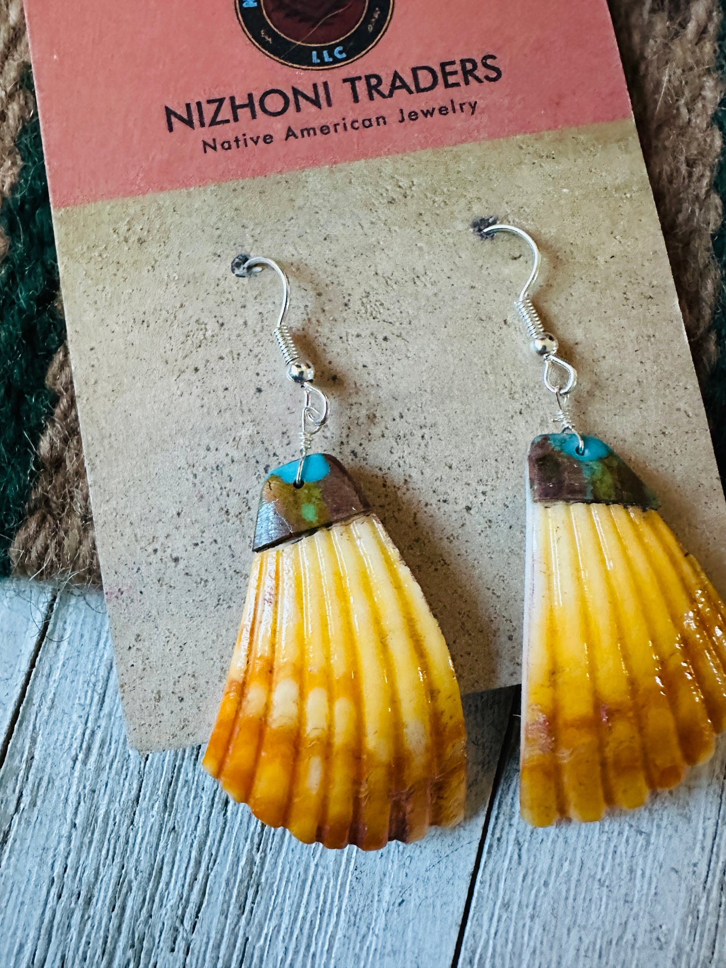 Handcrafted Shell & Turquoise Feather Dangle Earrings