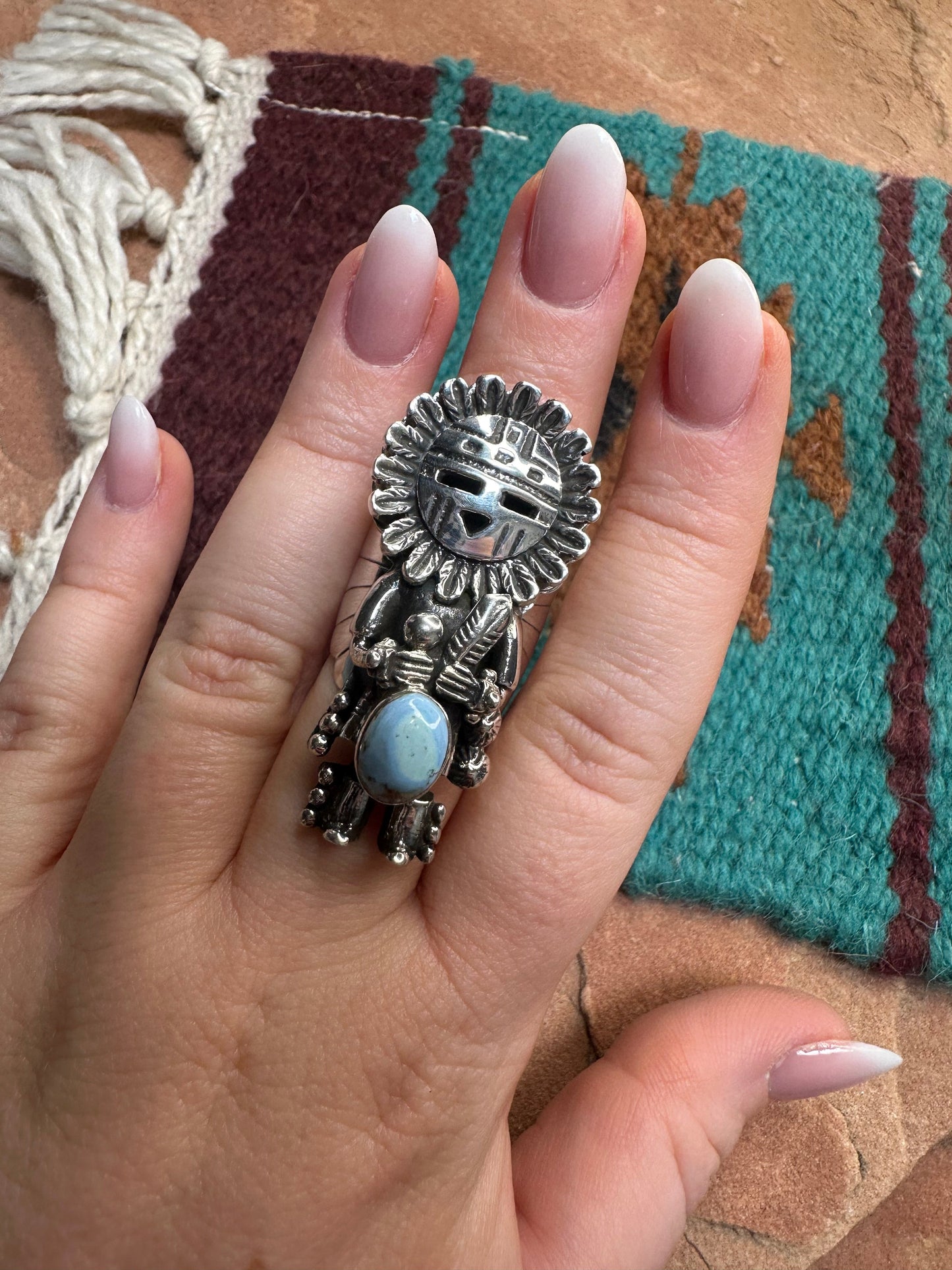 Handmade Golden Hills Turquoise Kachina And Sterling Silver Adjustable Ring