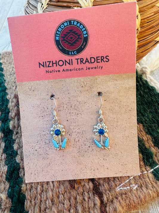 Handcrafted Turquoise, Dark Blue Opal & Sterling Silver Flower Dangle Earrings